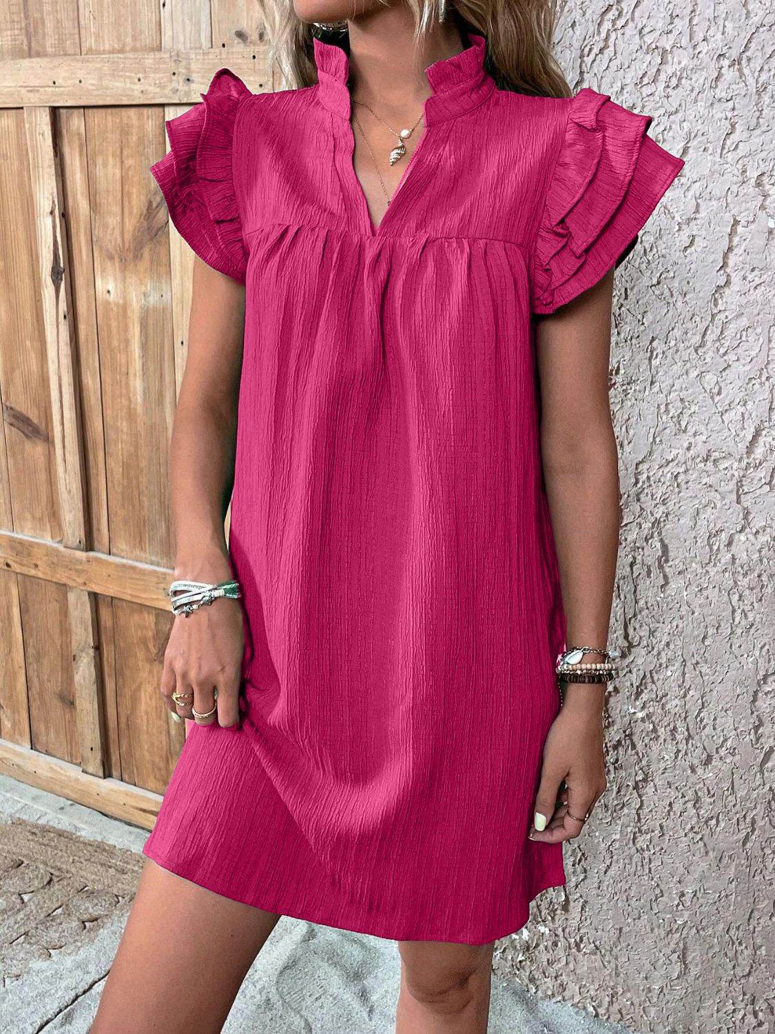 Notched Neckline Mini Dress with Ruffled Cap Sleeves - MARIGOLD