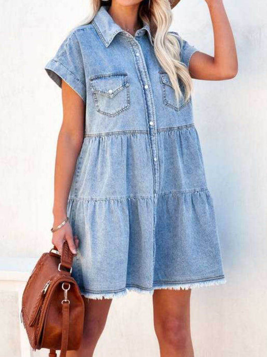 Raw Hem Short Sleeve Denim Dress - MARIGOLD
