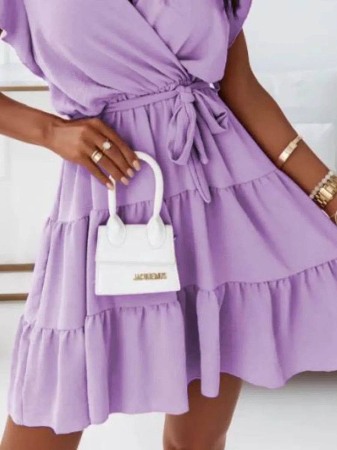 Ruffle Sleeve Surplice Tiered Mini Dress - MARIGOLD