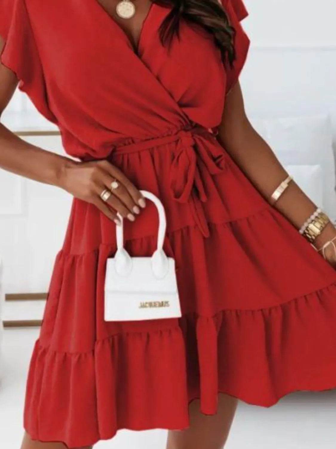 Ruffle Sleeve Surplice Tiered Mini Dress - MARIGOLD