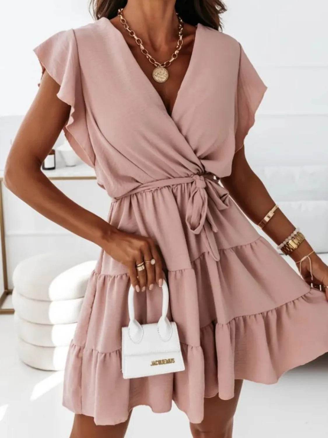 Ruffle Sleeve Surplice Tiered Mini Dress - MARIGOLD