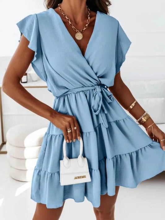 Ruffle Sleeve Surplice Tiered Mini Dress - MARIGOLD
