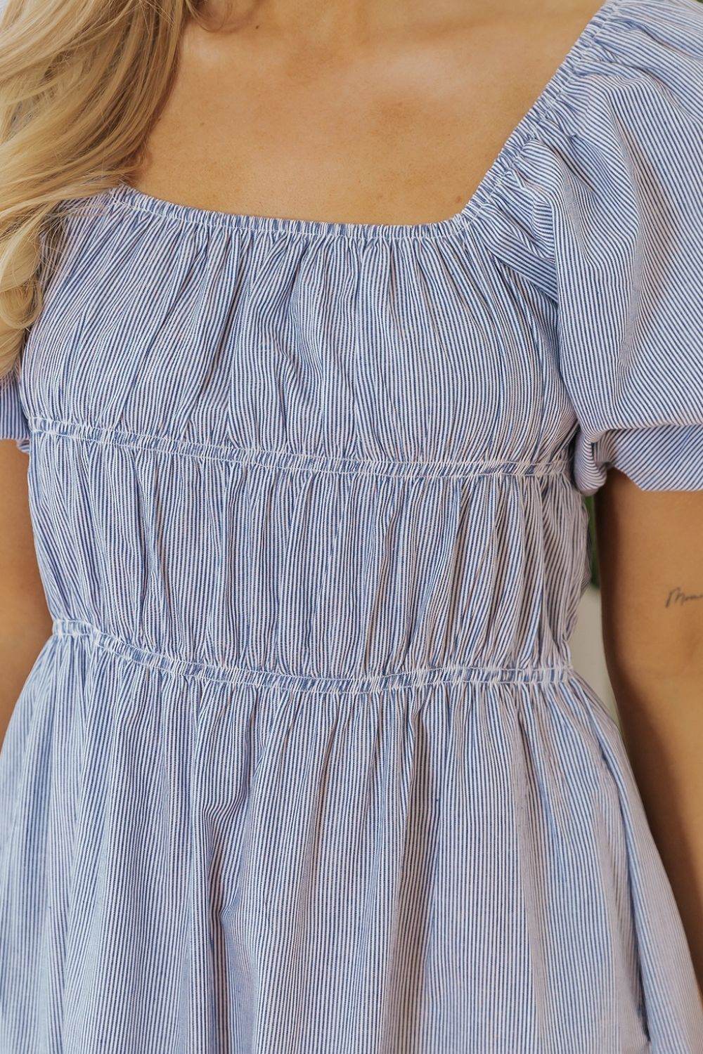 Striped Bubble Sleeve Ruched Babydoll Dress - MARIGOLD