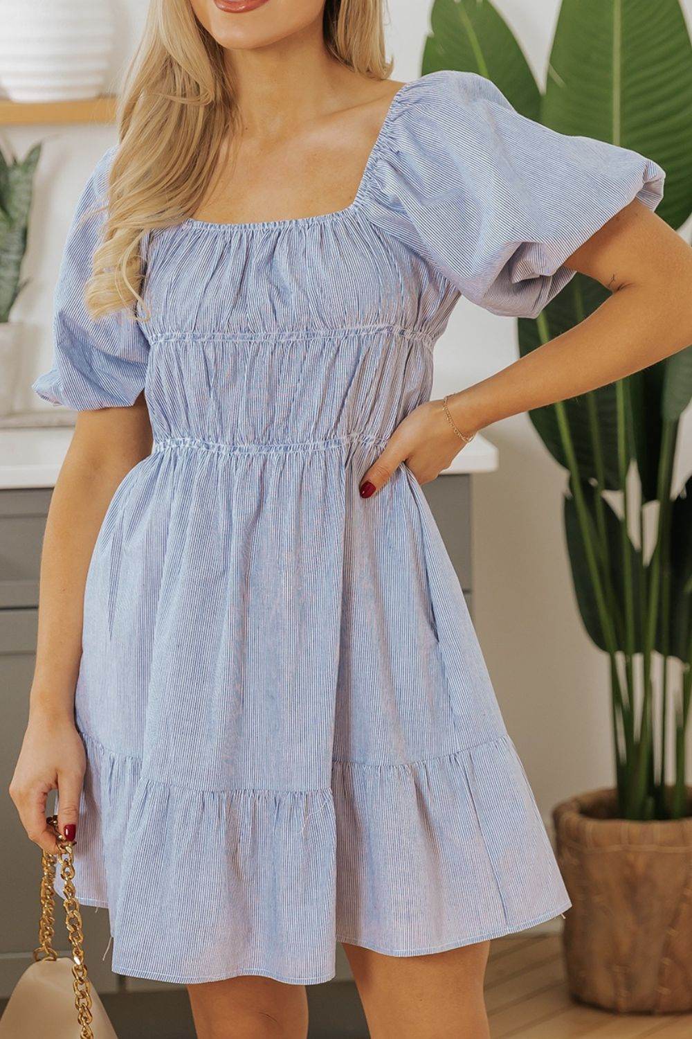 Striped Bubble Sleeve Ruched Babydoll Dress - MARIGOLD