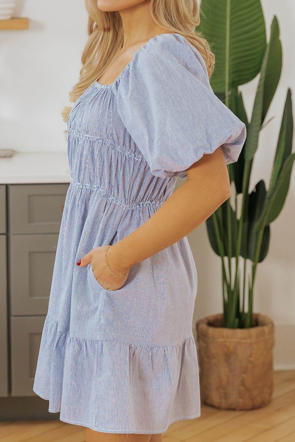 Striped Bubble Sleeve Ruched Babydoll Dress - MARIGOLD