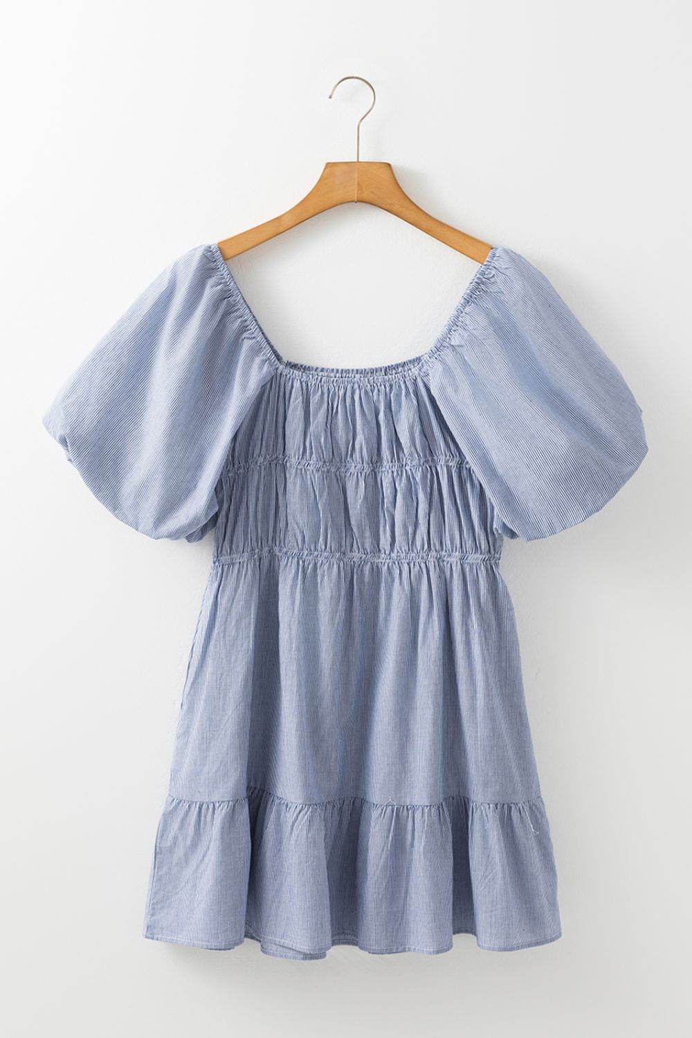 Striped Bubble Sleeve Ruched Babydoll Dress - MARIGOLD
