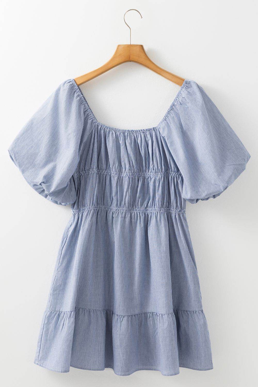Striped Bubble Sleeve Ruched Babydoll Dress - MARIGOLD
