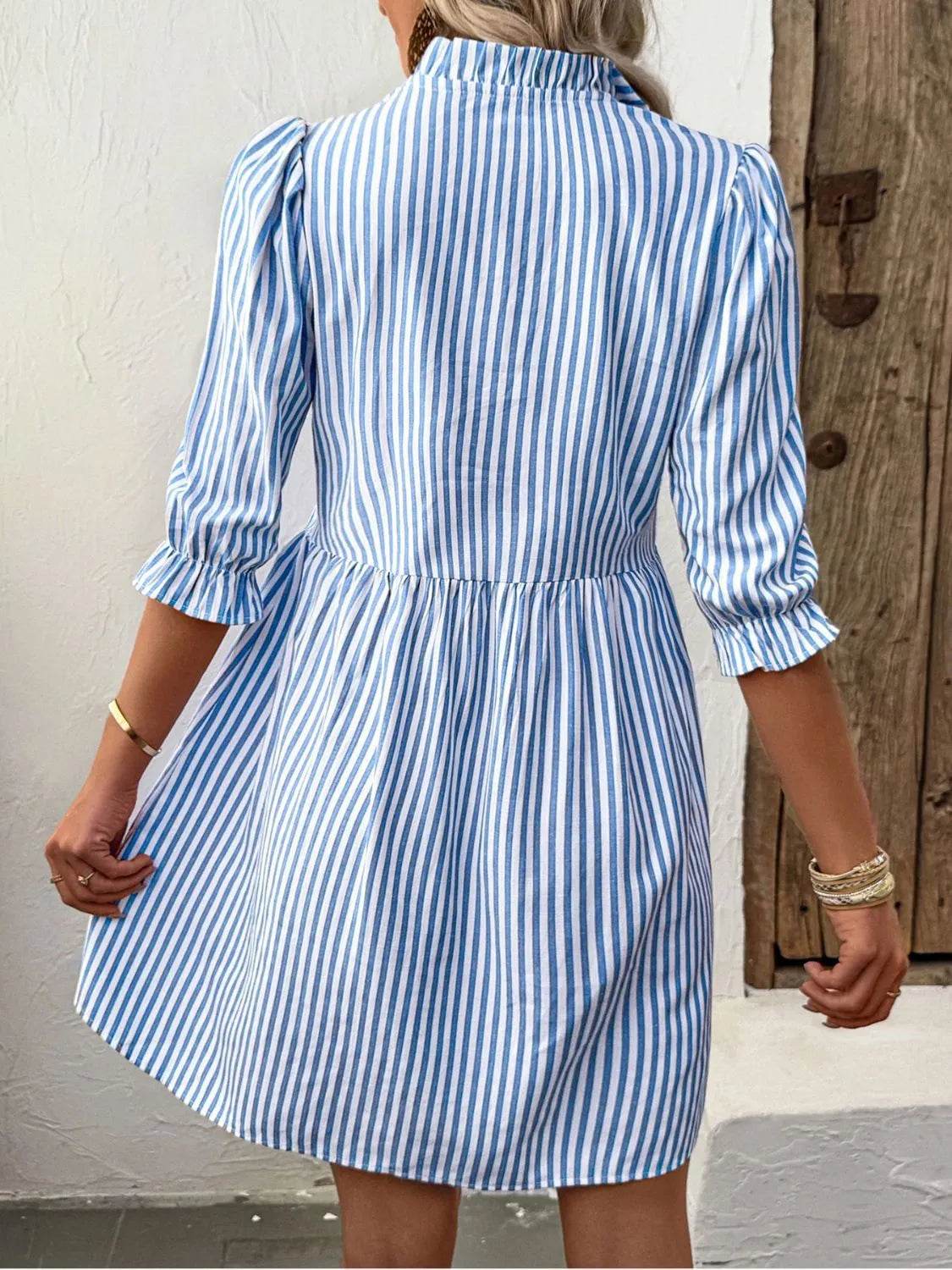Striped Half Sleeve Mini Shirt Dress - MARIGOLD