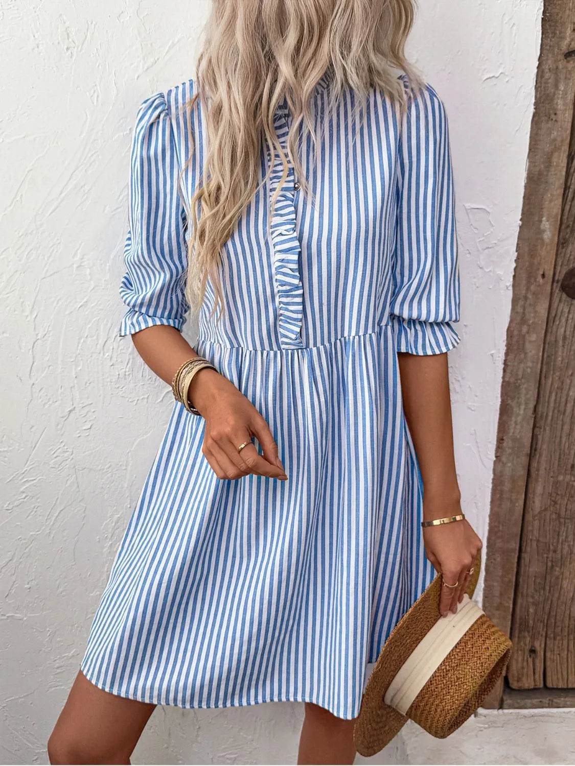 Striped Half Sleeve Mini Shirt Dress - MARIGOLD