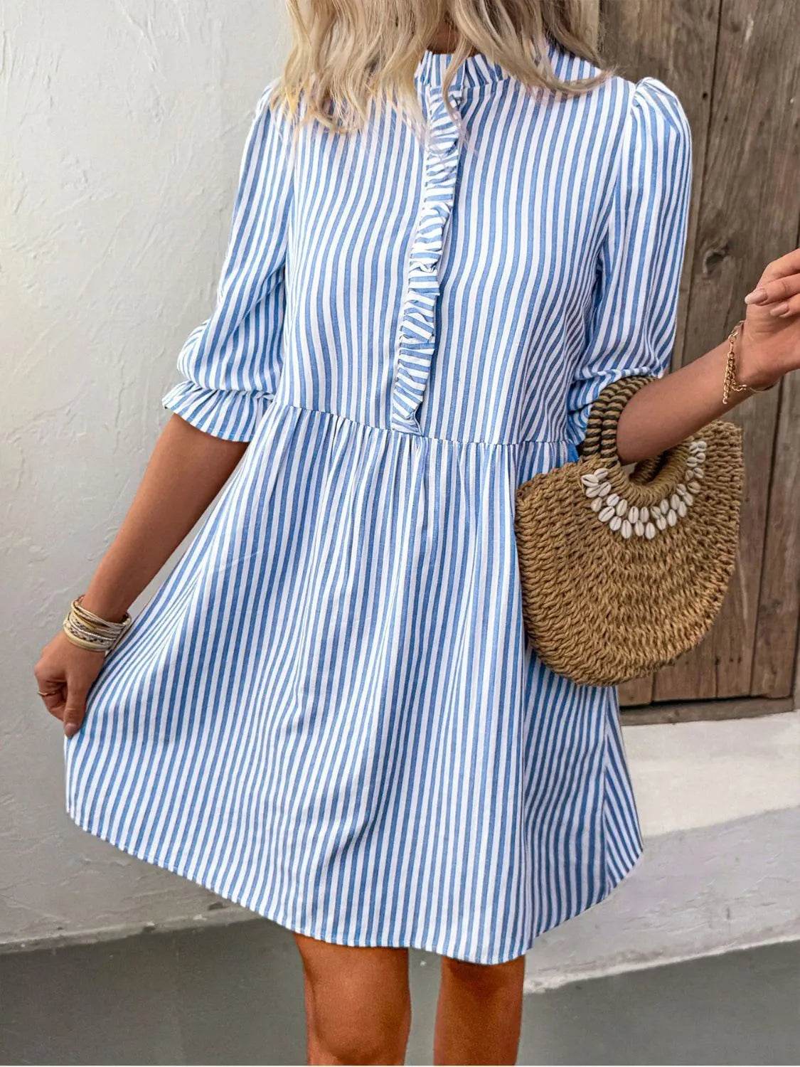 Striped Half Sleeve Mini Shirt Dress - MARIGOLD