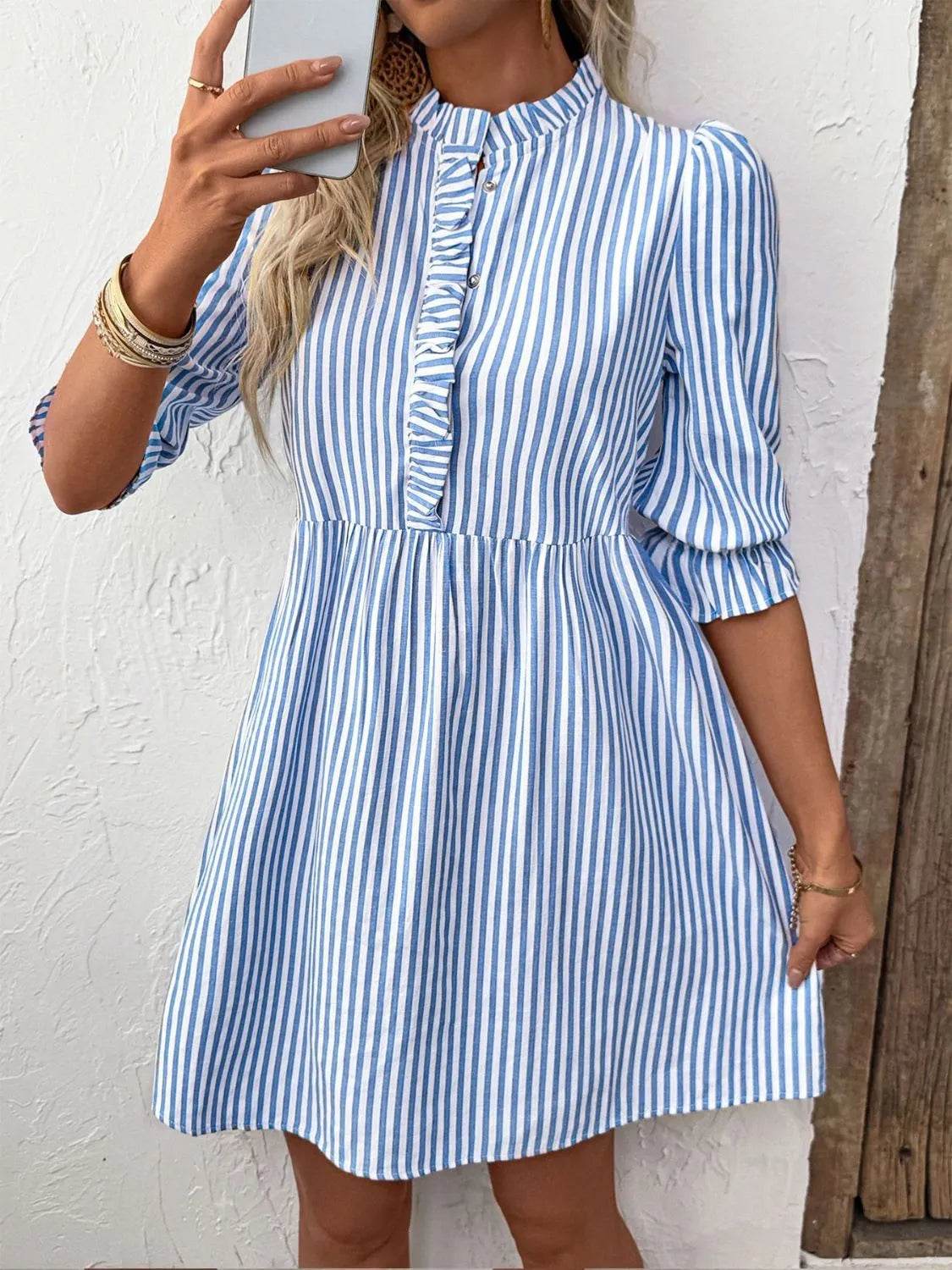 Striped Half Sleeve Mini Shirt Dress - MARIGOLD