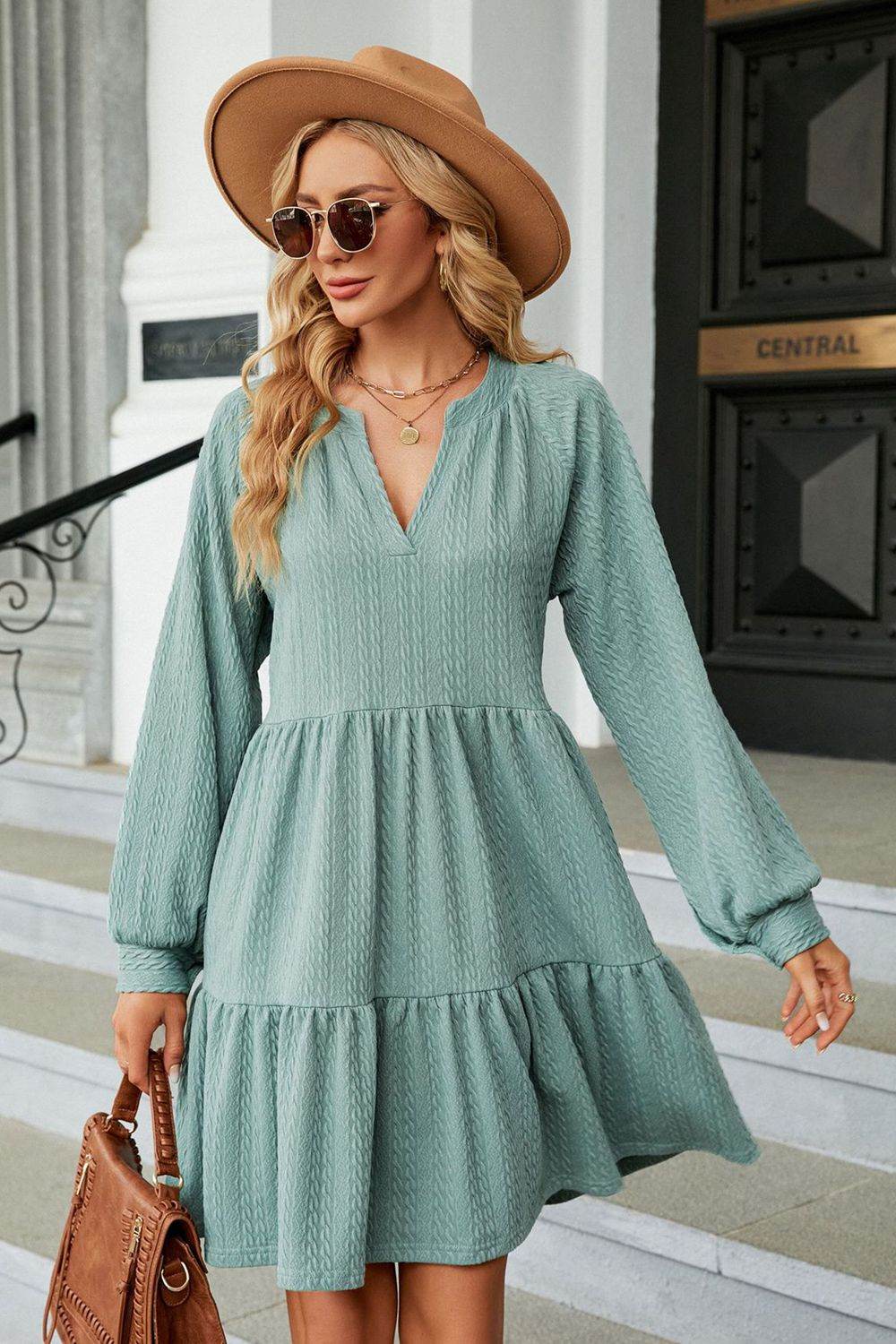 Notched Neck Long Sleeve Mini Dress - MARIGOLD