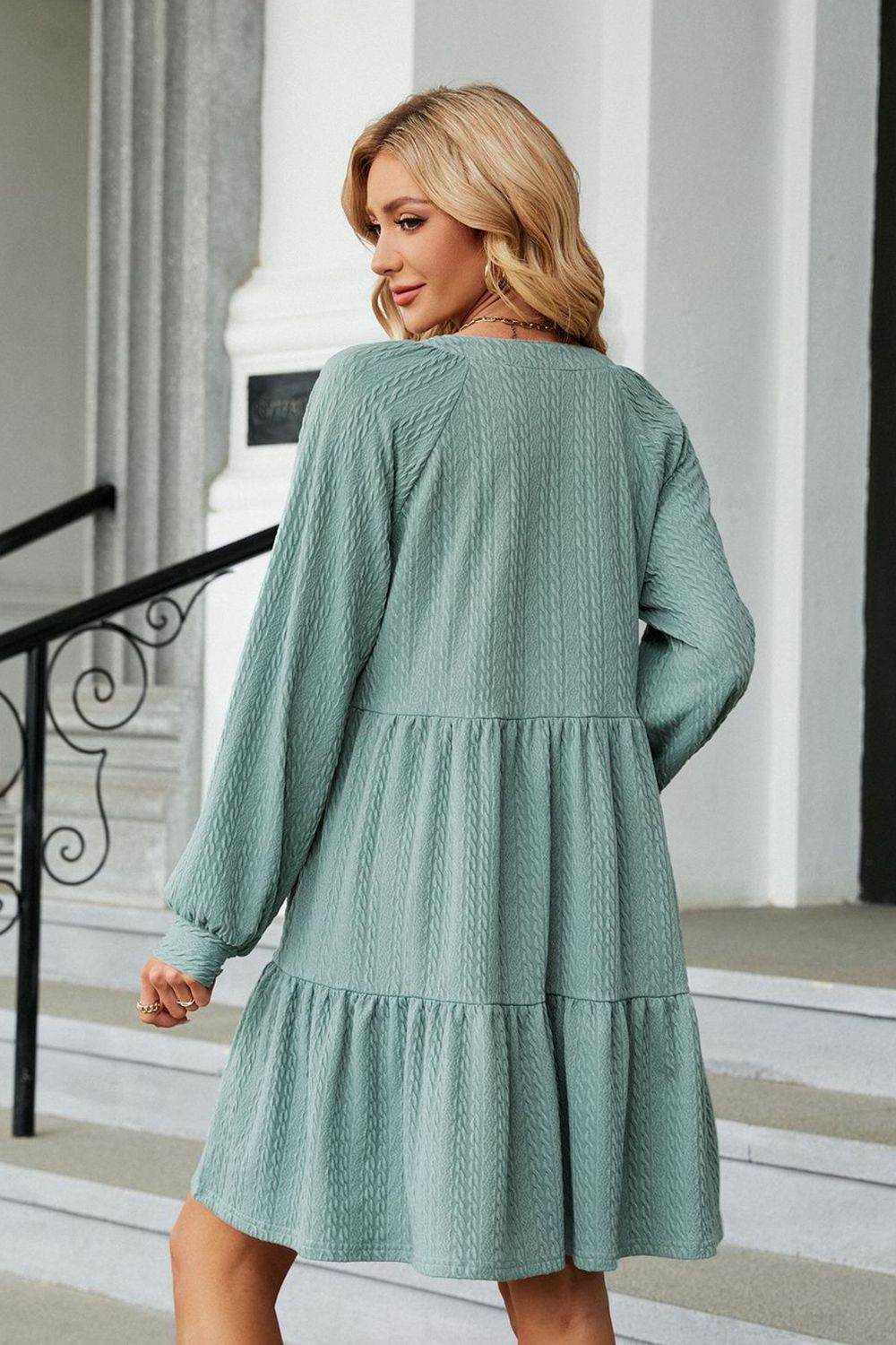 Notched Neck Long Sleeve Mini Dress - MARIGOLD
