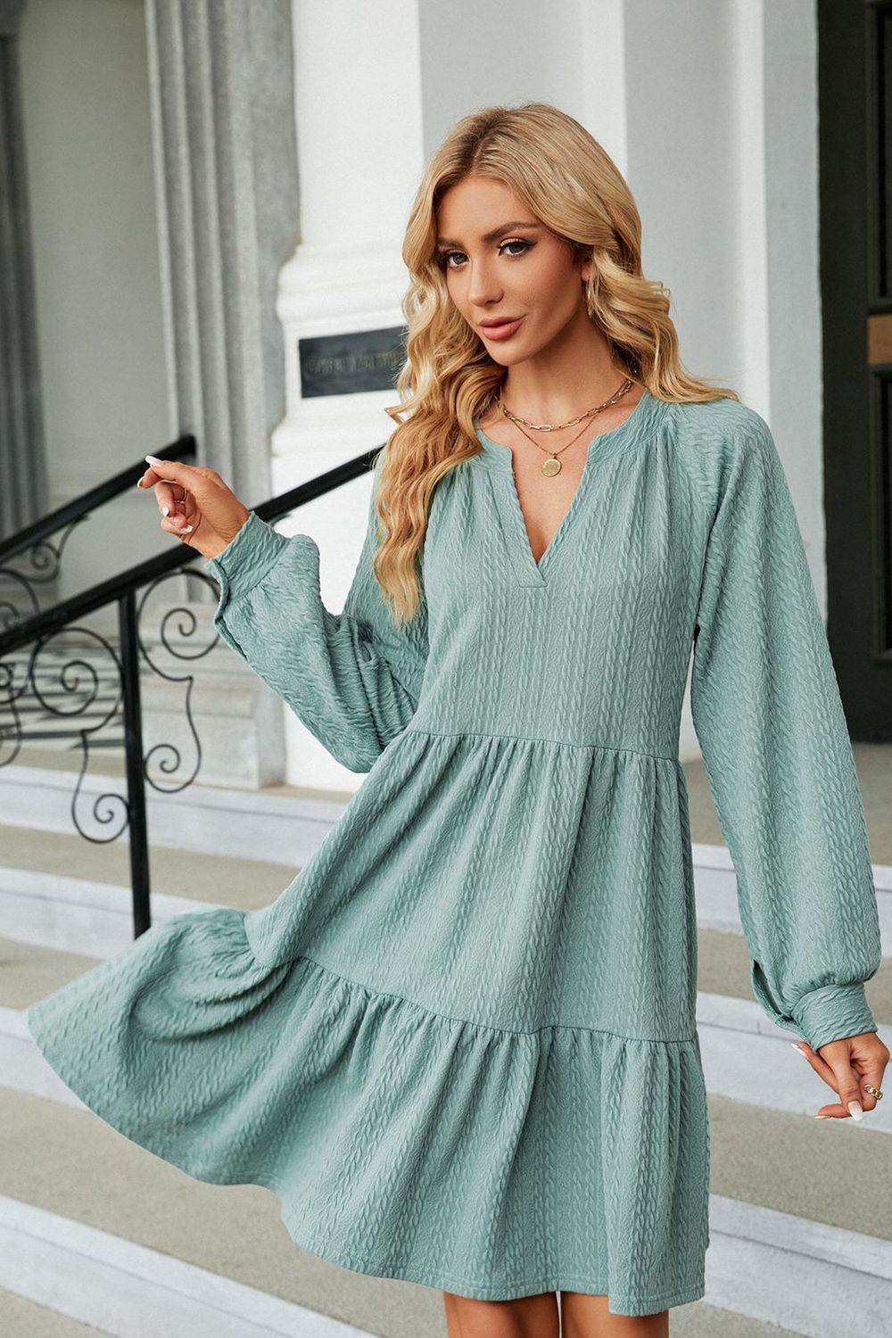 Notched Neck Long Sleeve Mini Dress - MARIGOLD