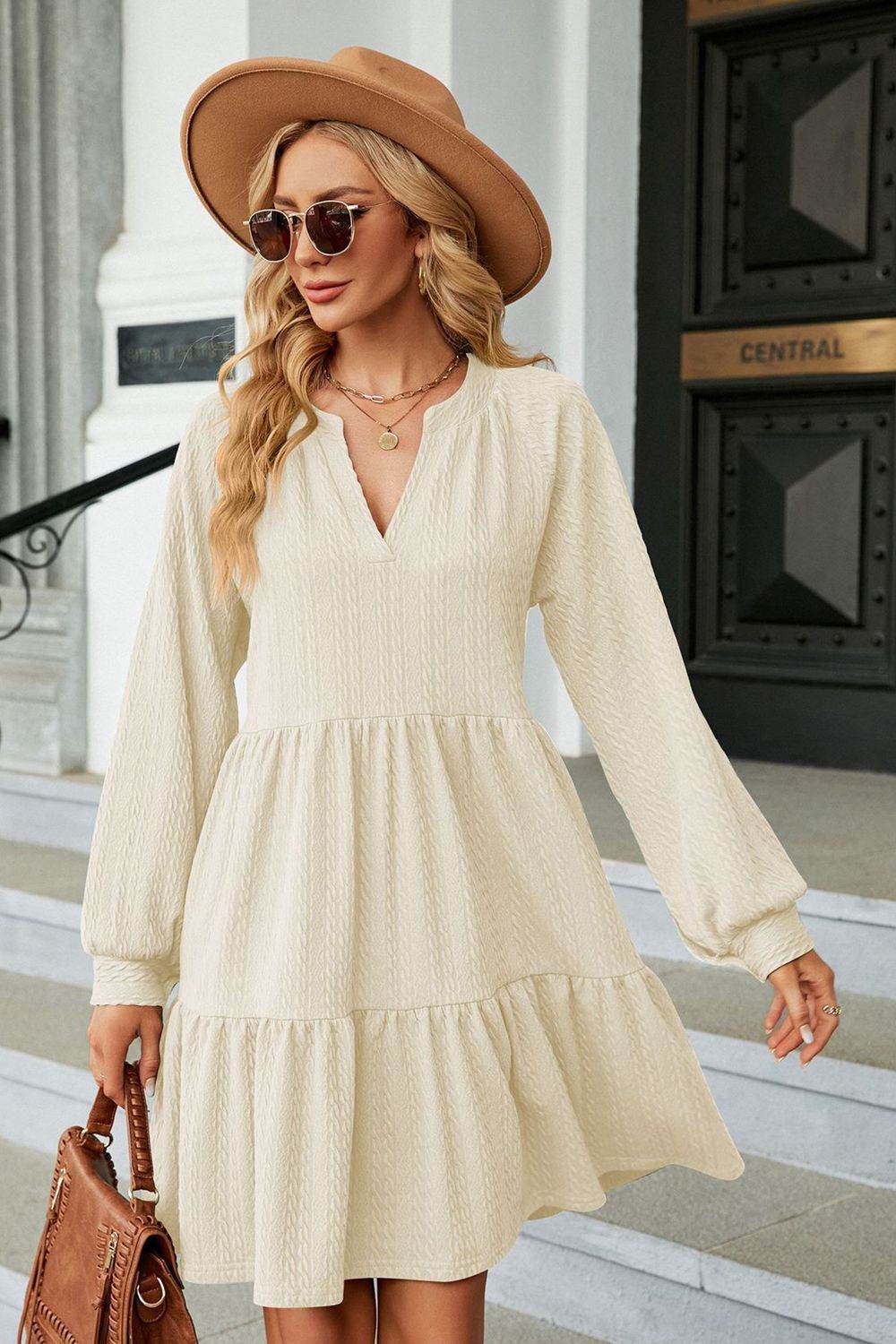 Notched Neck Long Sleeve Mini Dress - MARIGOLD