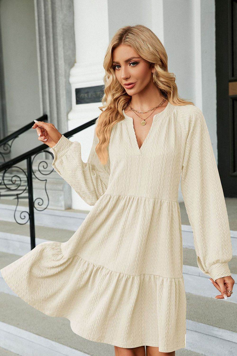 Notched Neck Long Sleeve Mini Dress - MARIGOLD