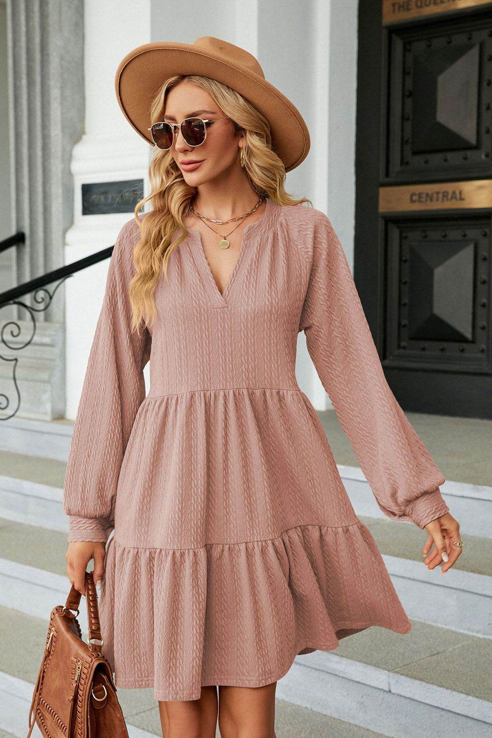 Notched Neck Long Sleeve Mini Dress - MARIGOLD