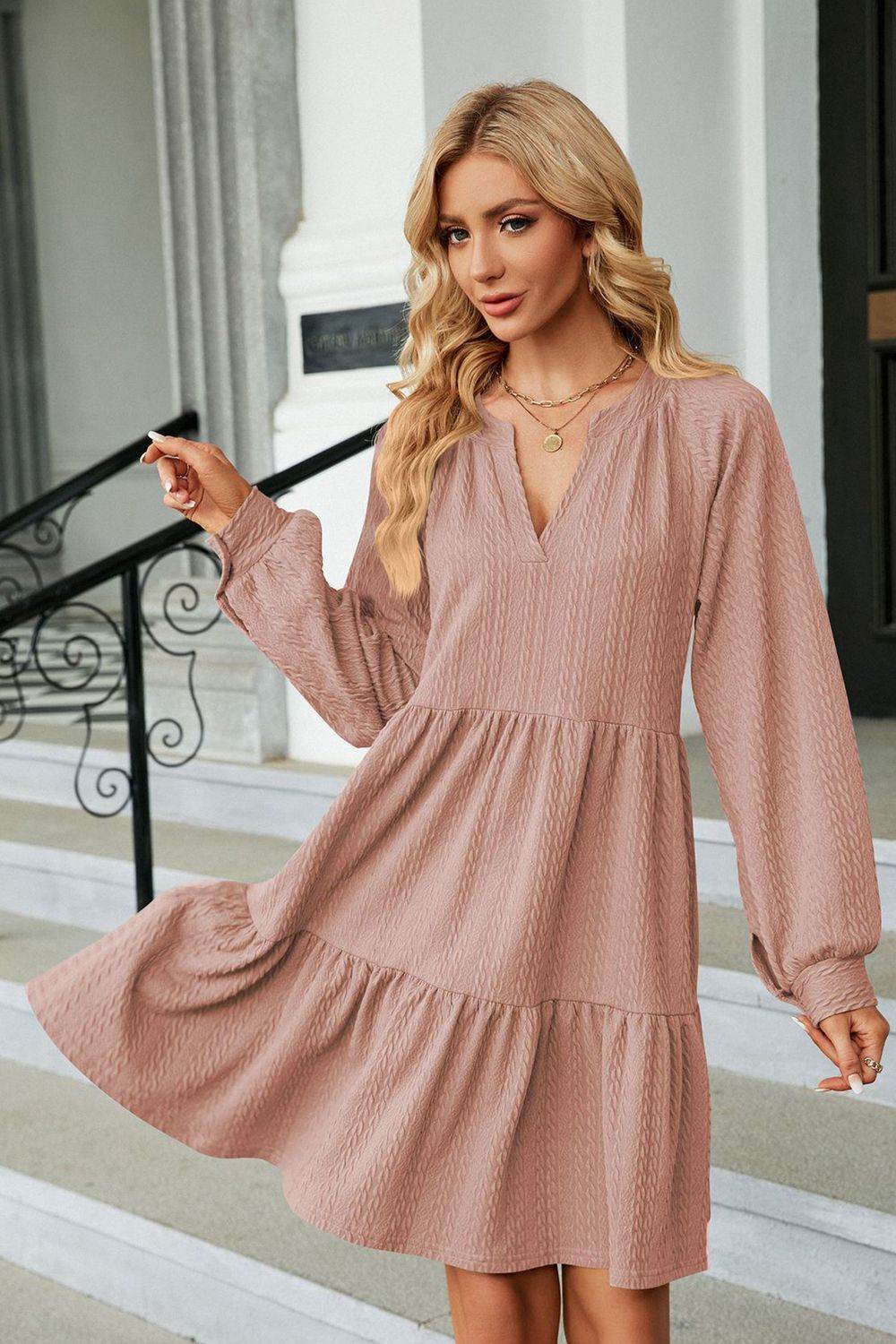 Notched Neck Long Sleeve Mini Dress - MARIGOLD
