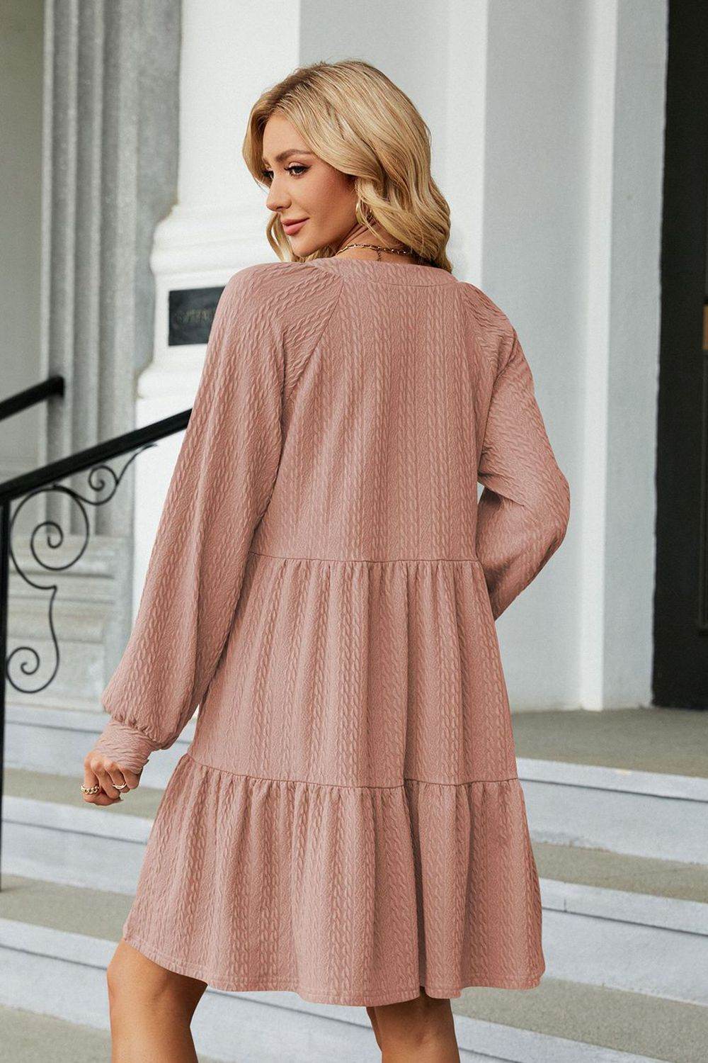 Notched Neck Long Sleeve Mini Dress - MARIGOLD