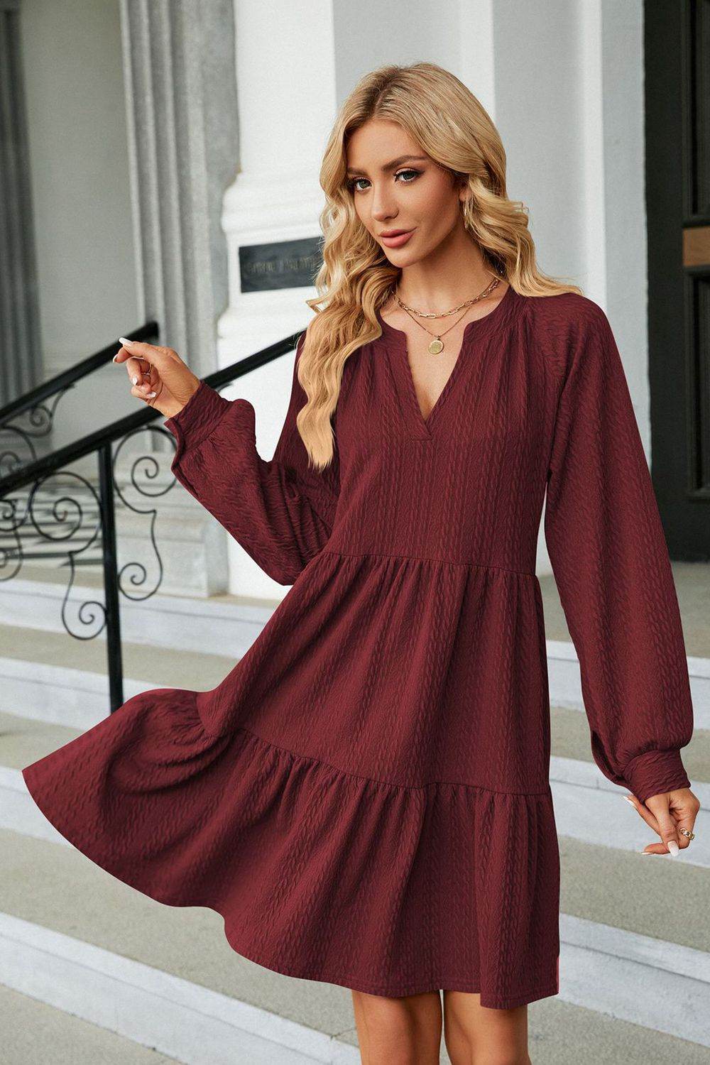 Notched Neck Long Sleeve Mini Dress - MARIGOLD