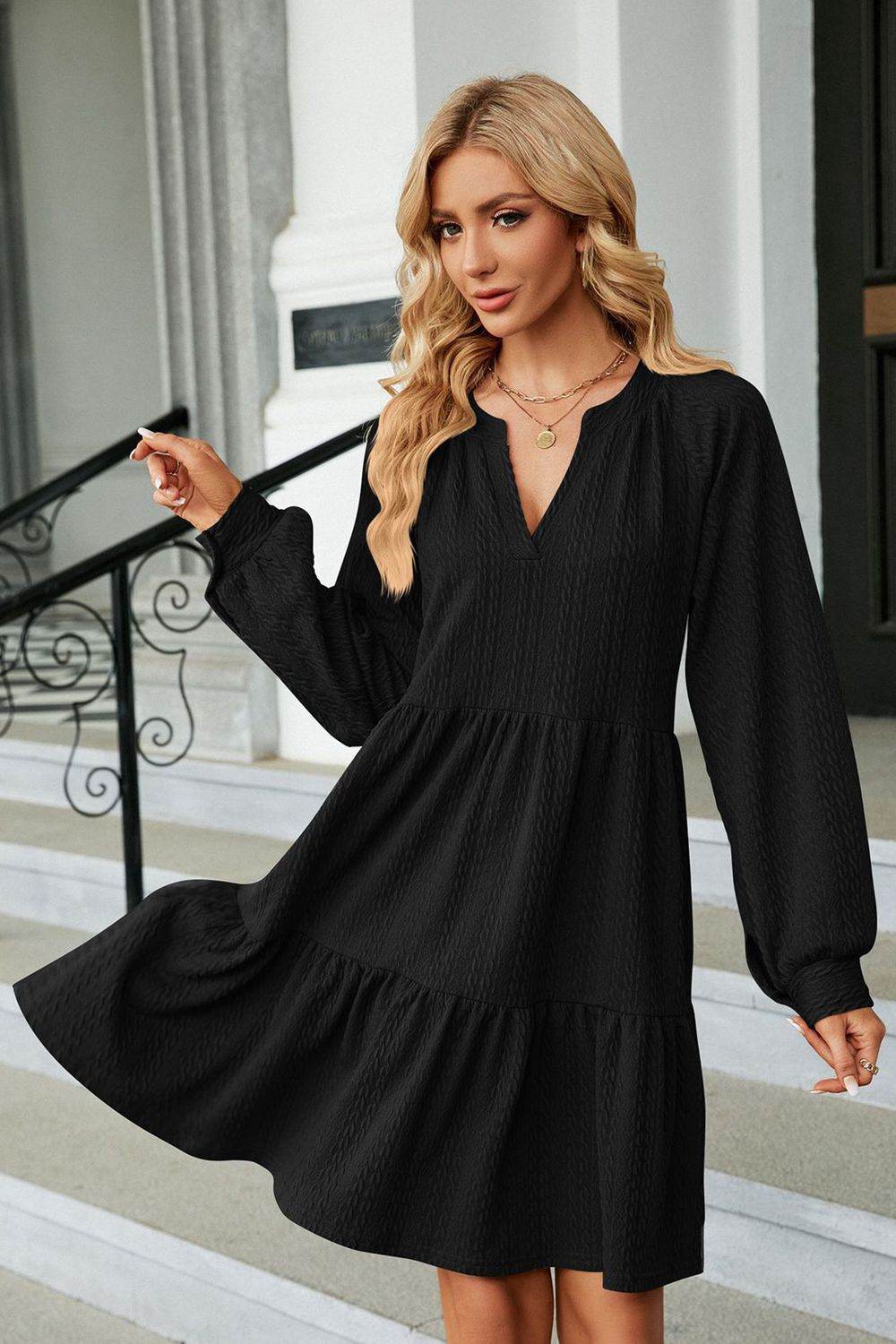 Notched Neck Long Sleeve Mini Dress - MARIGOLD
