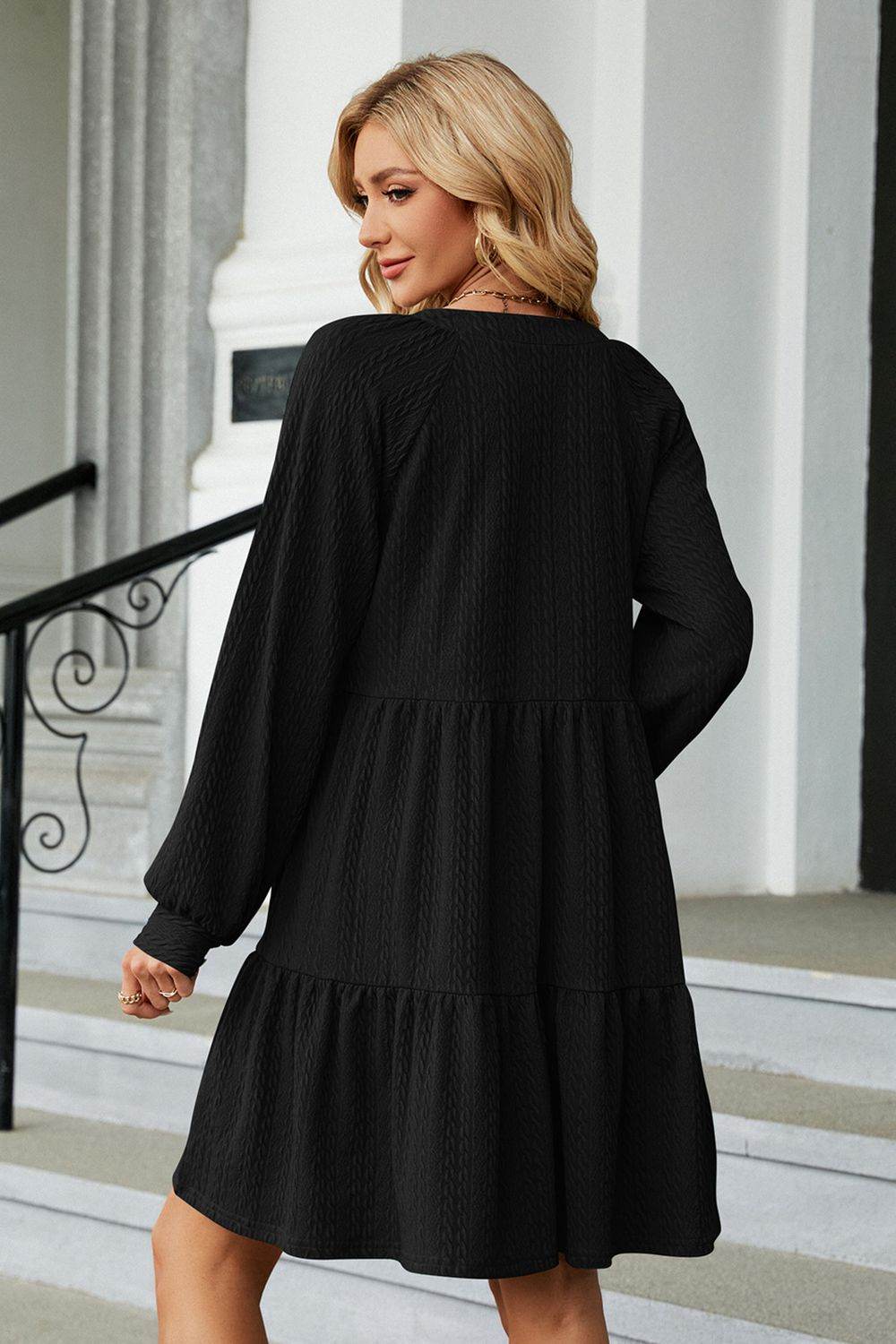 Notched Neck Long Sleeve Mini Dress - MARIGOLD