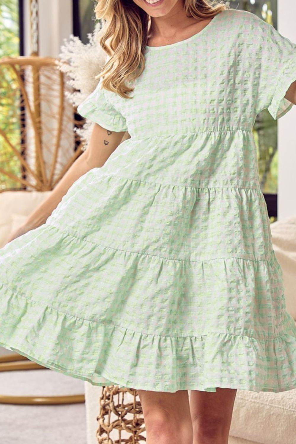 Textured Short Flutter Sleeve Tiered Mini Dress - MARIGOLD