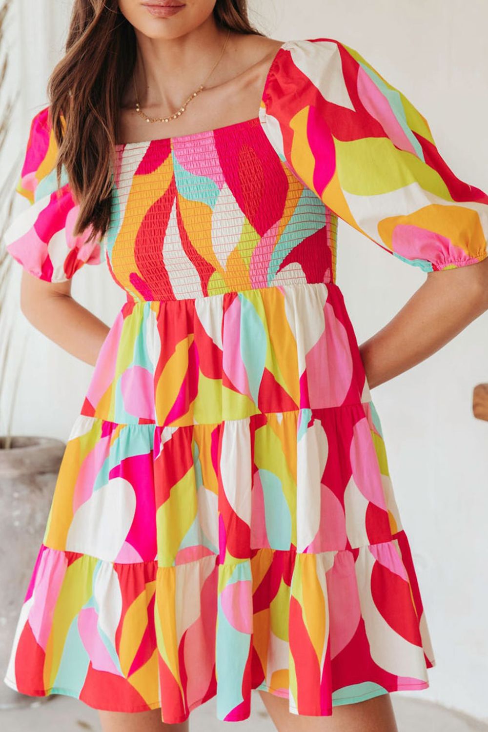 Colourful Printed Smocked Puff Sleeve Mini Dress - MARIGOLD
