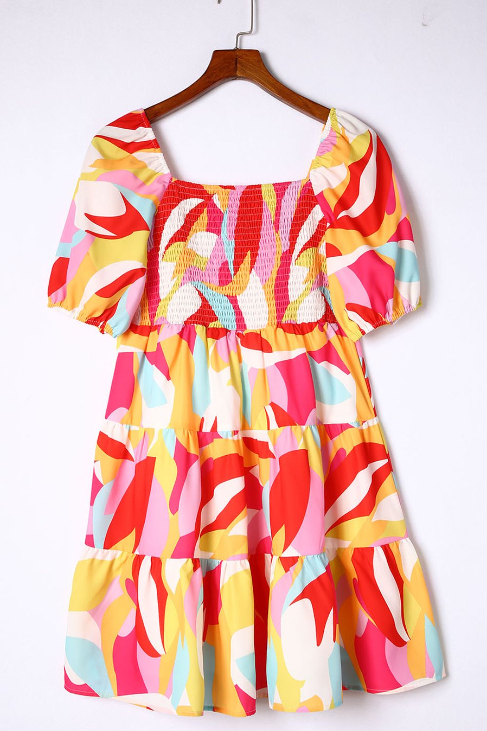 Colourful Printed Smocked Puff Sleeve Mini Dress - MARIGOLD