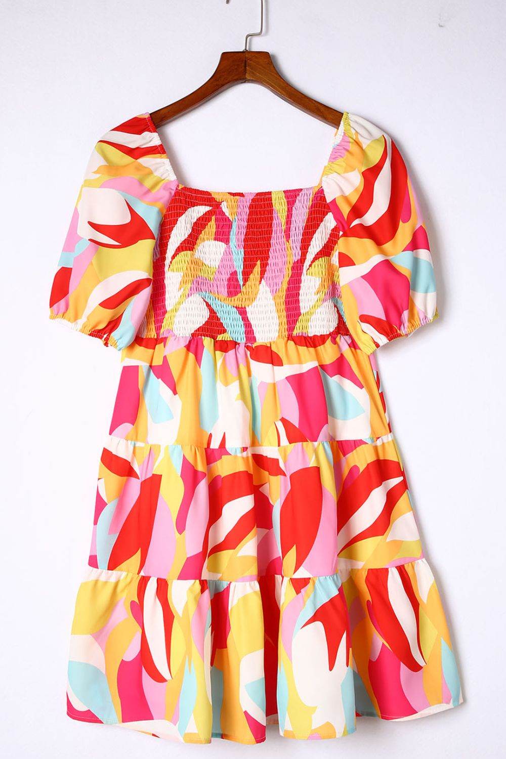 Colourful Printed Smocked Puff Sleeve Mini Dress - MARIGOLD