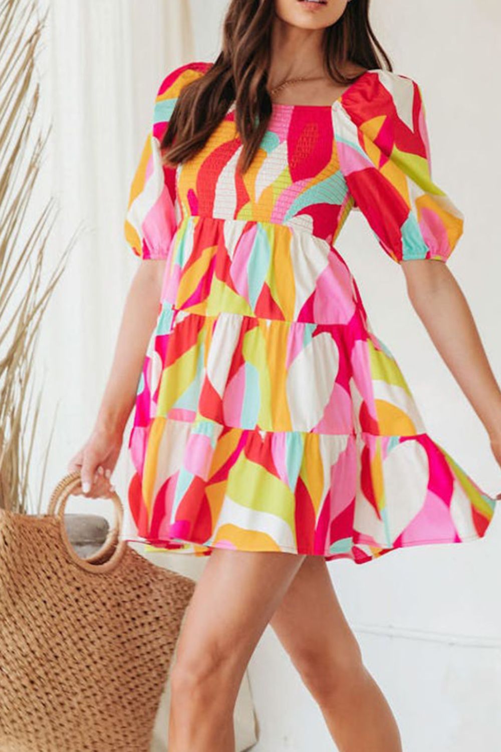 Colourful Printed Smocked Puff Sleeve Mini Dress - MARIGOLD