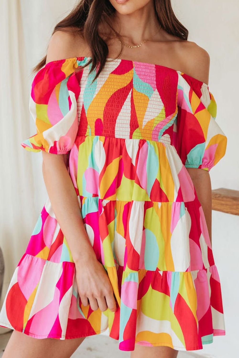 Colourful Printed Smocked Puff Sleeve Mini Dress - MARIGOLD