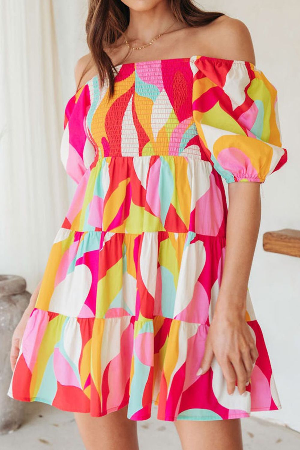 Colourful Printed Smocked Puff Sleeve Mini Dress - MARIGOLD