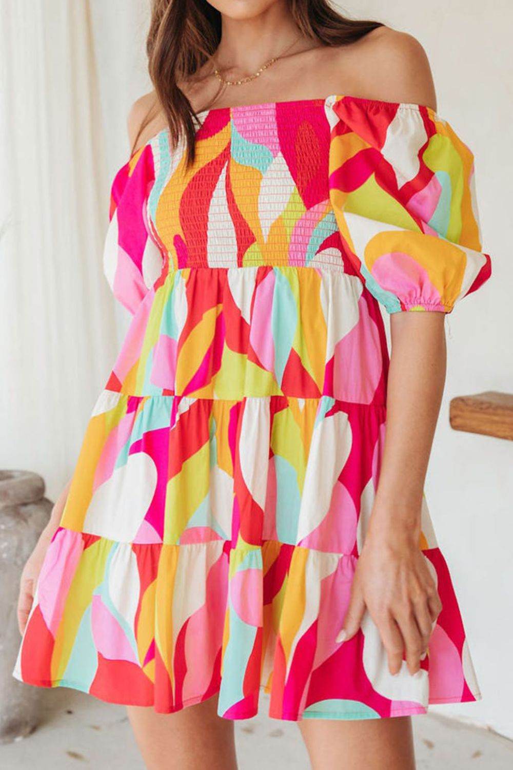 Colourful Printed Smocked Puff Sleeve Mini Dress - MARIGOLD