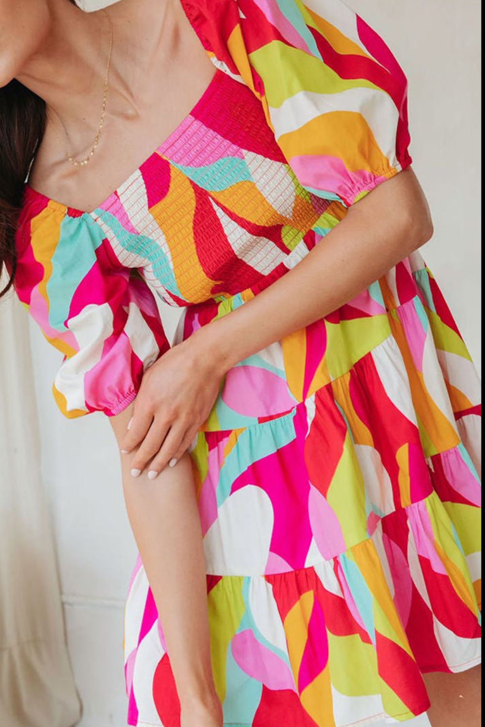 Colourful Printed Smocked Puff Sleeve Mini Dress - MARIGOLD