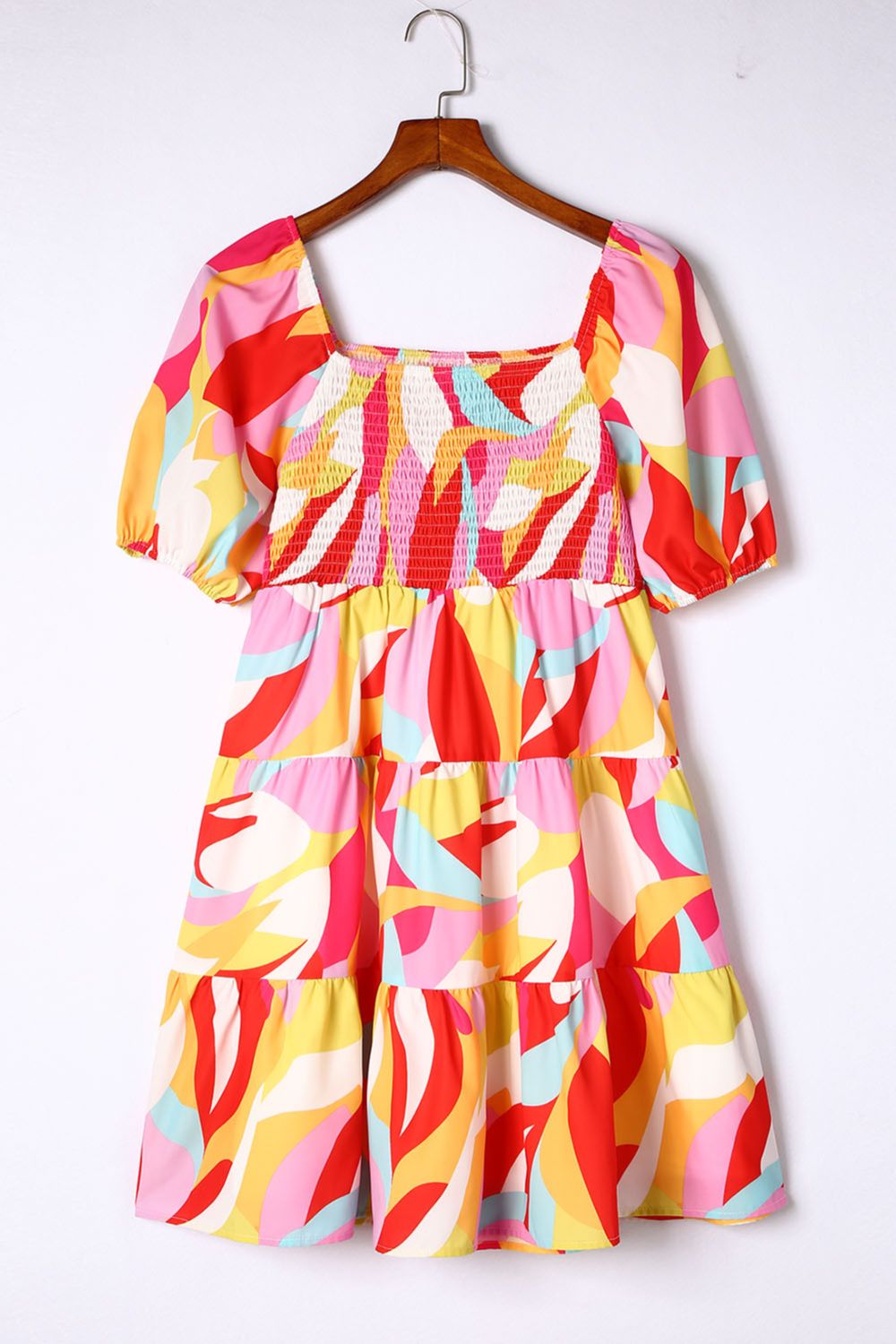Colourful Printed Smocked Puff Sleeve Mini Dress - MARIGOLD