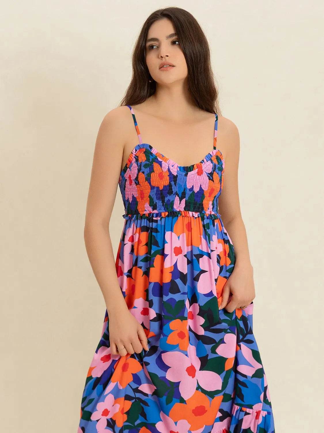 Floral Smocked Ruffle Hem Cami Midi Dress - MARIGOLD