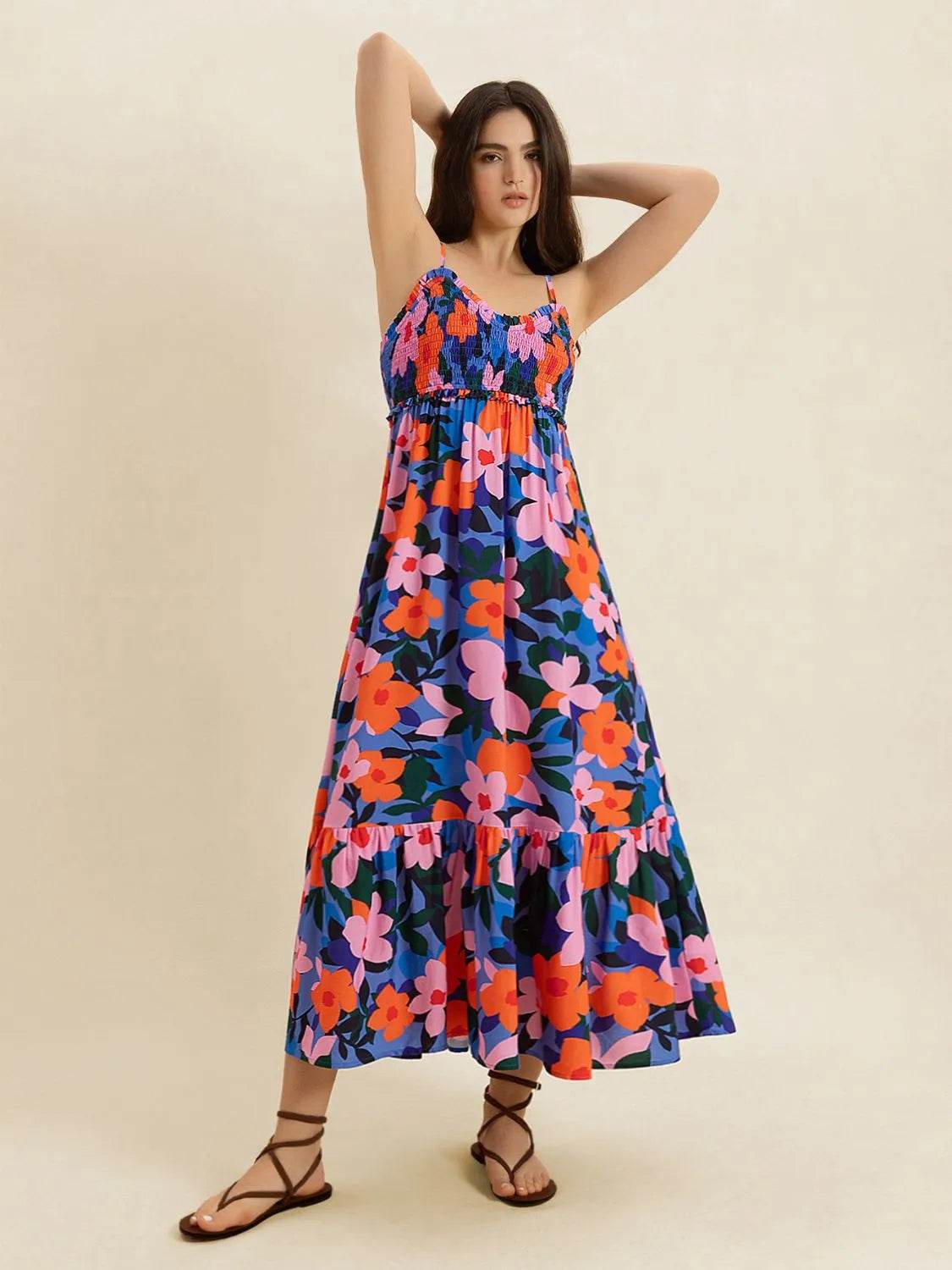 Floral Smocked Ruffle Hem Cami Midi Dress - MARIGOLD