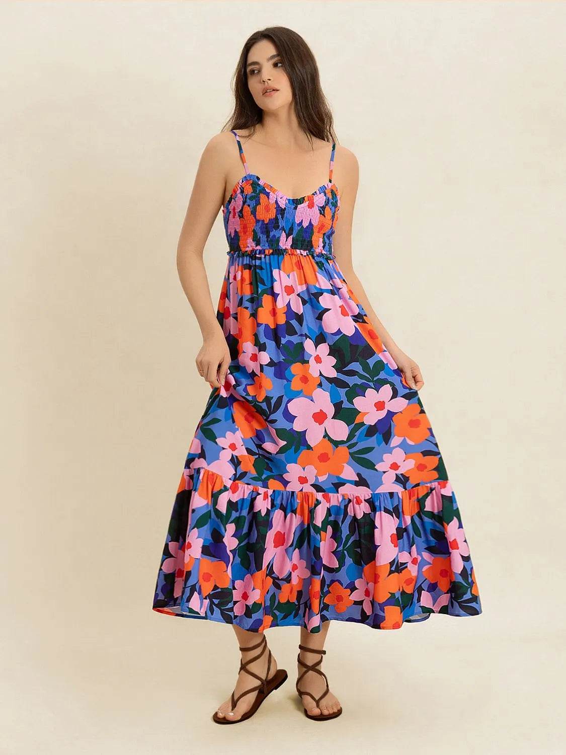 Floral Smocked Ruffle Hem Cami Midi Dress - MARIGOLD