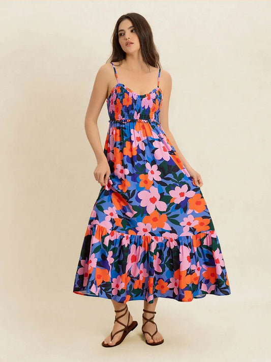 Floral Smocked Ruffle Hem Cami Midi Dress - MARIGOLD