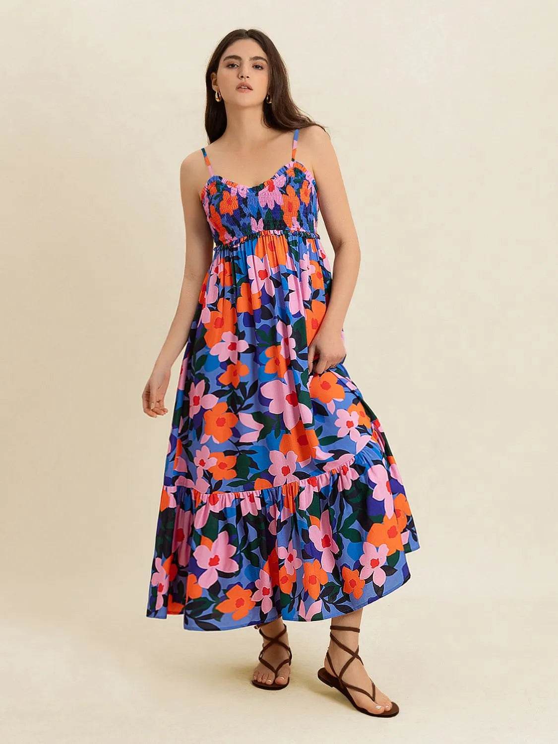 Floral Smocked Ruffle Hem Cami Midi Dress - MARIGOLD