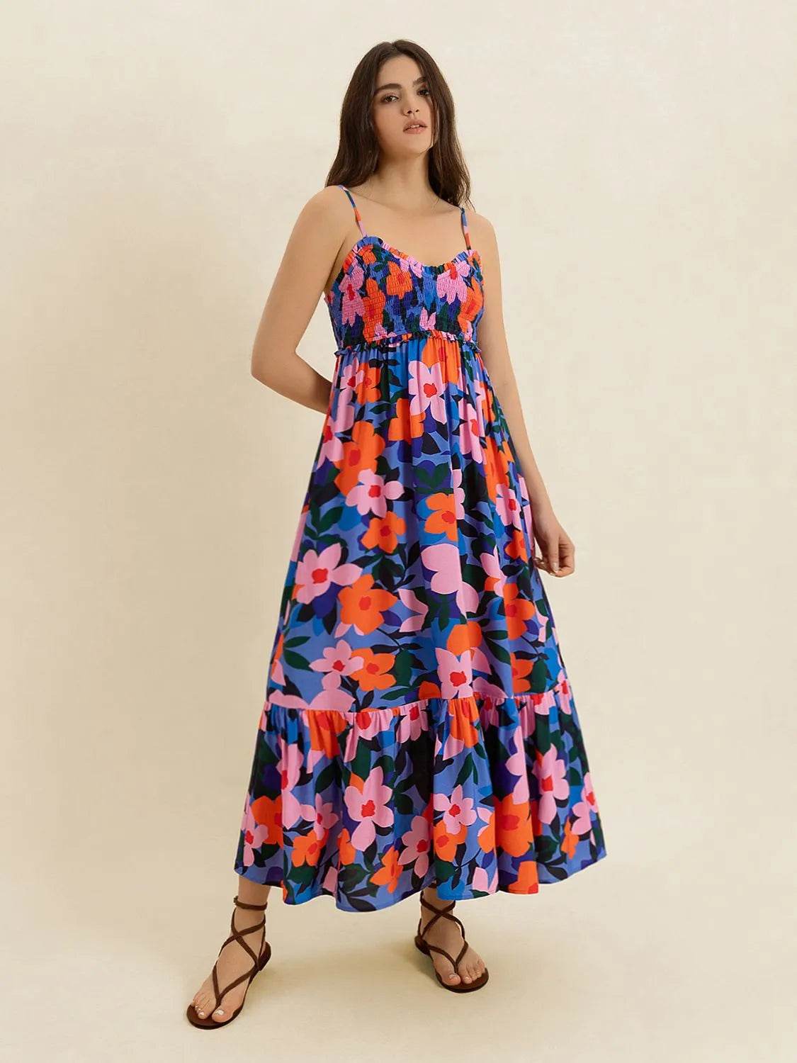 Floral Smocked Ruffle Hem Cami Midi Dress - MARIGOLD
