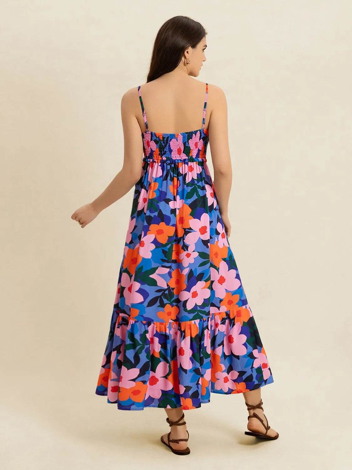 Floral Smocked Ruffle Hem Cami Midi Dress - MARIGOLD