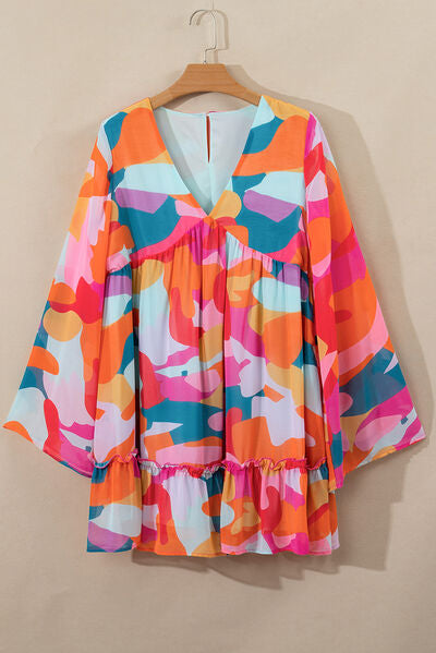 Ruffle Hem Color Block V-Neck Long Sleeve Mini Dress - MARIGOLD