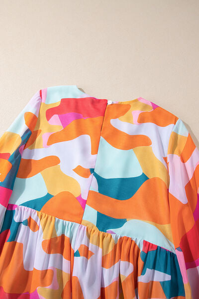 Ruffle Hem Color Block V-Neck Long Sleeve Mini Dress - MARIGOLD