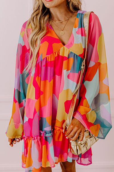 Ruffle Hem Color Block V-Neck Long Sleeve Mini Dress - MARIGOLD