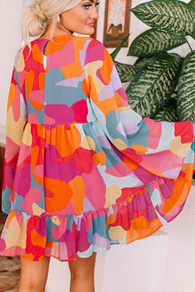 Ruffle Hem Color Block V-Neck Long Sleeve Mini Dress - MARIGOLD
