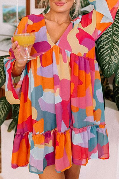 Ruffle Hem Color Block V-Neck Long Sleeve Mini Dress - MARIGOLD