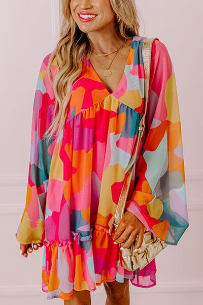 Ruffle Hem Color Block V-Neck Long Sleeve Mini Dress - MARIGOLD