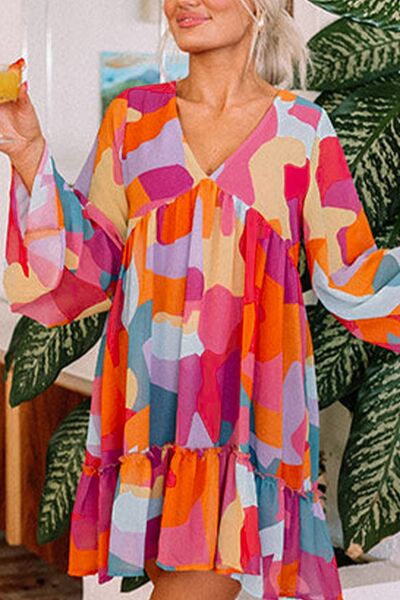 Ruffle Hem Color Block V-Neck Long Sleeve Mini Dress - MARIGOLD